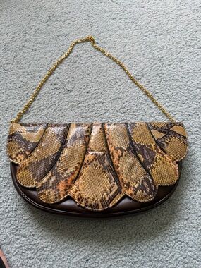 Caprise Snake-Print Scalloped Shoulder Bag in Brown and Tan